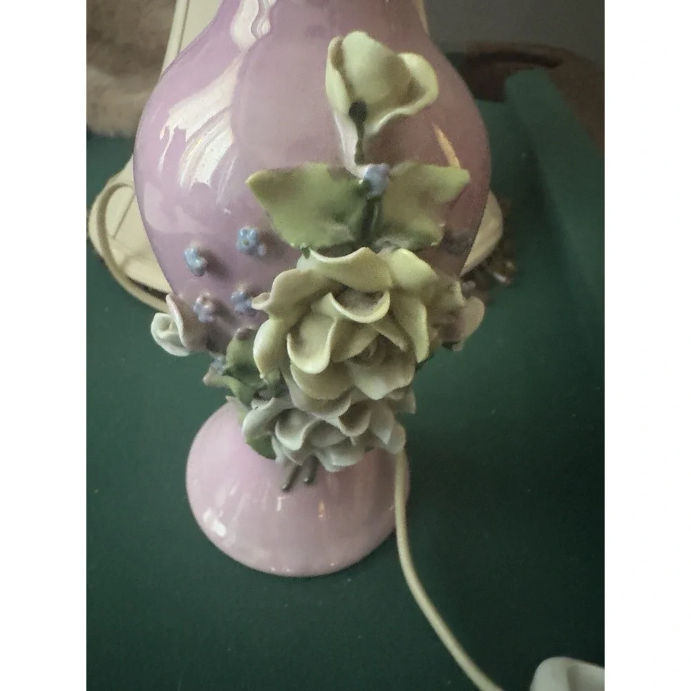 Lamp German Pink Porcelain Floral Elfinware Empire Beaded Tassel Shade Working
